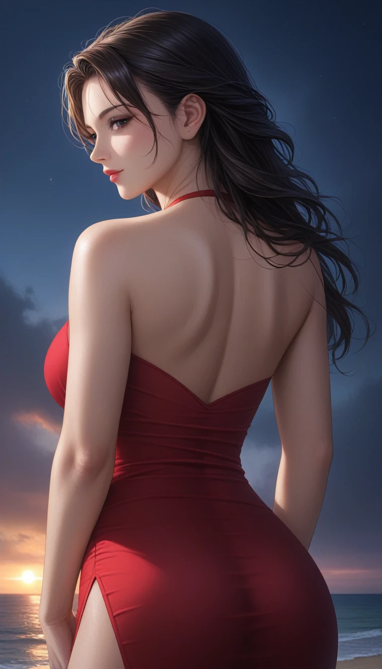 score_9, score_8_superior, score_7_superior, High-resolution CG illustration,A masterpiece in 32K resolution,Highest quality,it is really amazing,Very detailed,Ultra-high resolution,Ultra-realistic,Realistic,Increased depth of field,Cinematic lighting,
Sexy mature Japan woman,
Straight long hair with black hair,Ultra-detailed and beautiful face,Calm and gentle look,Beautiful brown eyes,Translucent white skin,Realistic skin texture,Great proportions,
Elegant red swimsuit,
Simple design,Chic color scheme based on red,Detailed fabric texture,
(Dark overcast sky on a dull night:1.1),(Dark clouds filling the sky:1.1),Thundercloud,Coastline at night,Stormy seas,delay々A desolate sandy beach that continues,
(Beautiful back view:1.2),Cinematic,