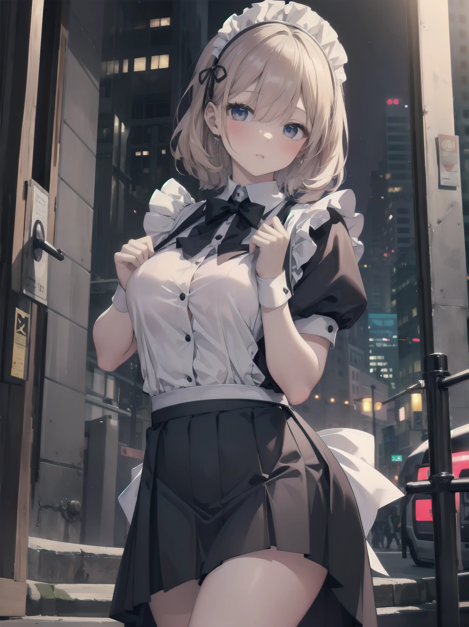 Highly detailed CG Unity 8k wallpaper, Top quality, Highly detailed, Masterpiece, Highly detailed pretty girl, , (((lifting skirt by herself))), (lifting skirt by herself)), dynamic angles, sexy pose, blush, lips apart, looking at audience, half body shot, (crowd), (crowded big city)), hair over one eye, immaculate beauty, less revealing maid outfit, classical maid fashion