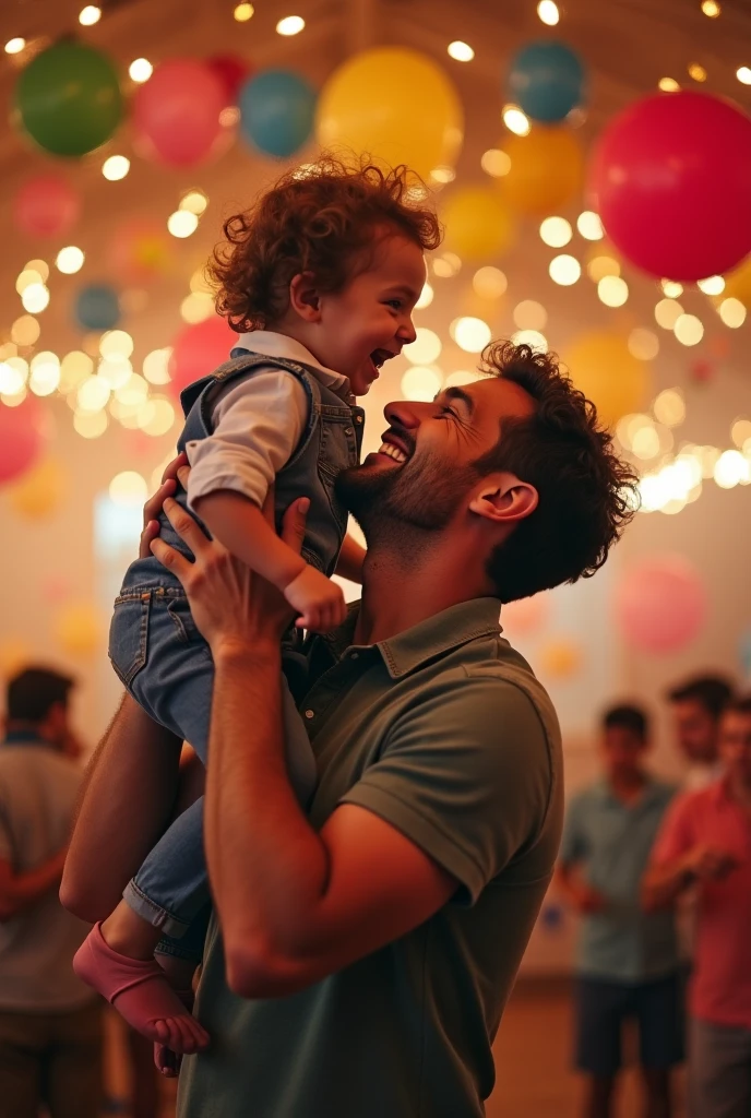 Happy man hugging happy child in a party hall with lights in the background