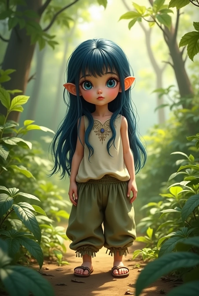 (photorealism:1.2), female toddler, slim face, standing in forest, wearing modest fantasy top, fantasy pants, sandals, long dark blue hair, blue eyes, outdoors, soft lighting, plants in background, facing forward, realistic, painting, intricate details, warm colors