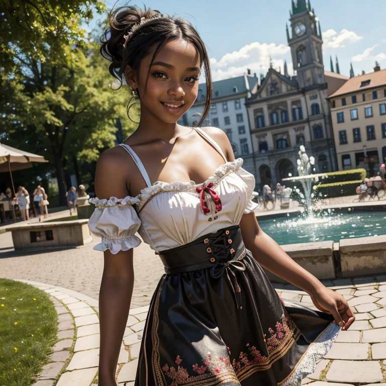 (​masterpiece, best quality:1.5), highest quality, High resolution, super detailed, Realists, Upper body photo of a 16-year-old black girl, black skin, detailed and beautiful eyes, beautiful detailed lips, very detailed eyes and face, longeyelashes, A 16-year-old girl in a beautiful short shiny satin Dirndl, Details in the dress fabric, Beautiful and colorful makeup, elegant and noble々Pose, Beautiful bows in the hair, Ponytail hairstyle with a bow, Munich as a backdrop, bright daylight, bright colors, fine brushstrokes, Portrait style, beautiful color palette, glowing skin, First-class rendering, that captures every detail, enchanting atmosphere, (perfect anatomy:1.2), (The breathtaking girl is wearing a beautiful short rust and silver dirndl.. smiling in love and full of joy for the festival, nice legs. She stands next to the fountain and proudly presents herself. The girl stands and dances with joy   (magnificent panorama view:1.2)