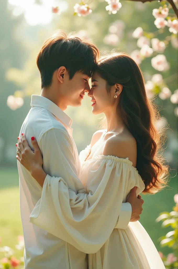 Sorn from CLC with green eyes hugging Cha Eunwoo, Both wearing white clothes