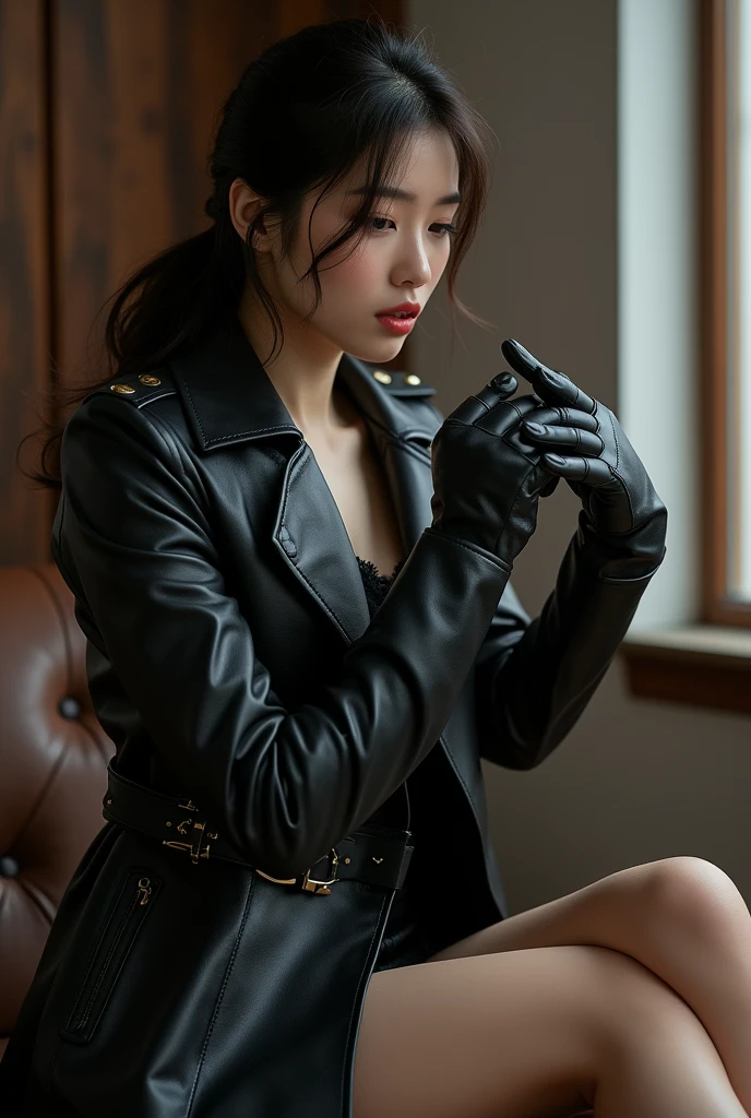 1990's Amateur, 1 Woman, Work Alone, Superb, Masterpiece, Korean Female Actress, Beautiful, 50, Ultra Realistic Black Realistic Leather double Trench Long coat and 8K Ultra Realistic Black Realistic Leather Elbow Gloves, 5-Finger Handjob with Love Juice and nsfw, Leg Spreading, Masturbation, Bullet Vibrator: 3. 5. covered in cum, Nipples Cum: 1.3, cum string, woman ejaculating: 5.0, office black realistic leather double trench long coat wearing erotic nsfw, ultra realistic black realistic leather double trench long coat: 5.0, cum dripping: 5.0, ultra realistic 5 fingers black realistic leather glove blowjob, ultra realistic 5 fingers black realistic leather glove oral, ultra realistic 5 fingers Black Real Leather Glove Licking_Female Penis:3.5,Vascular Female Penis:3.5, Photo:5.0.