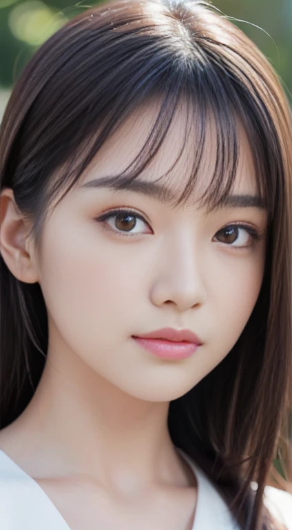 High-quality, ultra-realistic portraits。(She has a neat face.、It combines elegance and class.)。((Large eyes with deep gradation、Gives an elegant impression))。(The nose is clear、Her lips are a subtle light beige color.。The skin is transparent、Has a healthy glow)。Makeup is natural、Smoky brown gradation on the eyes、The blush gives the cheeks a soft, healthy glow.。The lighting is soft and natural.、Accentuating facial features、Does not emphasize shadows。The background is simple and has a blurred gradient.、Focus on the face。
