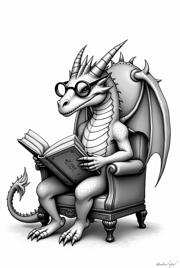 A dragon wearing glasses sits in a chair reading a book.. in black and white, with the camera a little bit to the left of the Dragon, a little bit up, No scenario, and the white scenario. with detailed strokes, like a serious manga