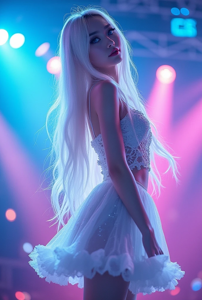 Fille au cheveux blanc très long et aux yeux bleus très clair, corp fin limite maigre, en train de performer sur scène (idole de kpop)