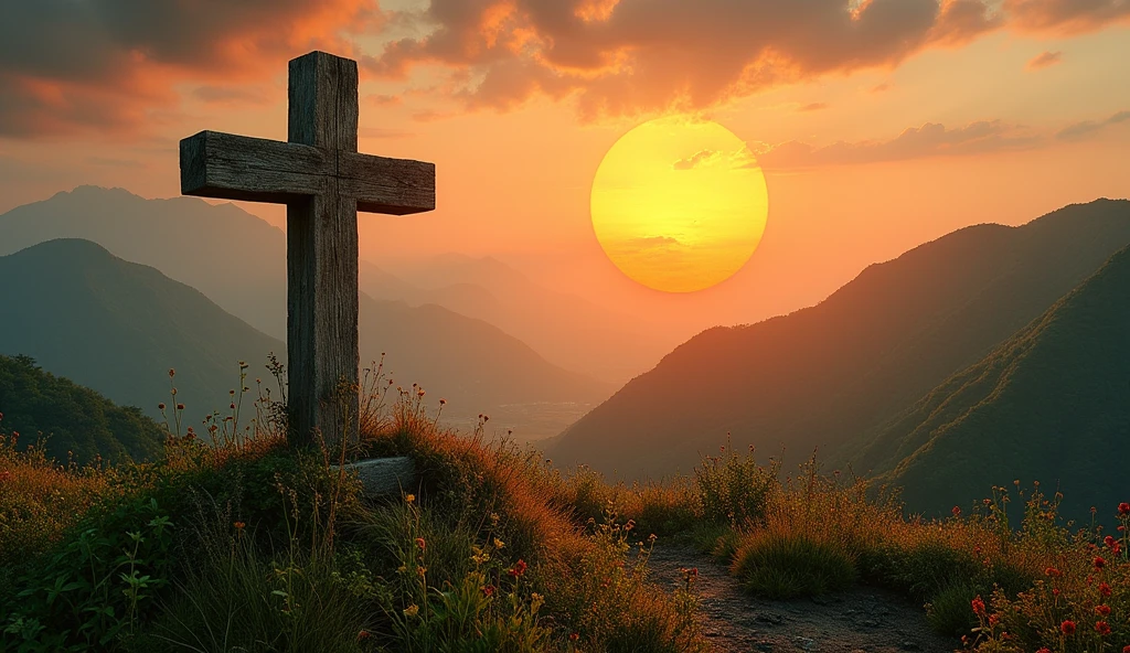 Generate images of South American and European nature, add dark tones to the images, and a beautiful strong orange sun, focus on the sun in the images with an air of hope and faith... Size 16:9 thumbnail style, when you can fit it add a cross wood in the background in the images. research before you start, and reflect.