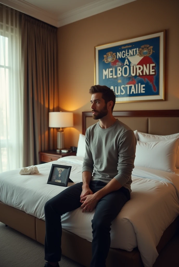 Homme caucasien grand de taille, charmant, un peu costaud, habillé en pantalon et tee-shirt manche longue, un homme dans une grande chambre d'hôtel, bien assis sur le lit ou sur le bord du lit dans une grande chambre d'hôtel et à côté du lit ou devant le lit il faut qu'il y ait UNE TABLE et sur la table à côté du lit ou devant le lit il faut qu'il y ait un papier mouchoir déjà utilisé sur la table et sur le lit de l'hôtel qu'il soit déposer un grand cadre de photo ou un cadre de photo moyen sur le lit, un cadre de photo qu'il est possible de FAIRE ARRÊTER SUR LE LIT et regardant dans la direction avant et sur le mur du chevet du lit un tableau sur lequel il est écrit en français : Bienvenue à Melbourne AUSTRALIE et autour de la phrase qu'il y ait les emblèmes du Canada Québec ou le drapeau du Canada Québec