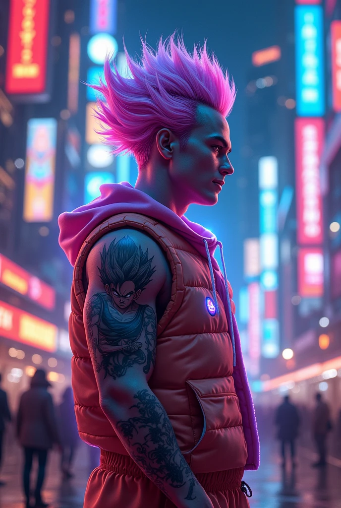 A futuristic and charismatic character, hyperrealistic style, approximately 43 years old. Wears clothes with LED lights. His hair is neon colored and he has a digital tattoo of the character Vegeta from Dragon Ball on his arm.. He is surrounded by cryptocurrency holograms, NFT game icons and the Telegram logo. Background with a futuristic city full of lights and digital screens. The character is standing completely facing forward as if explaining something., with a confident and friendly expression.
