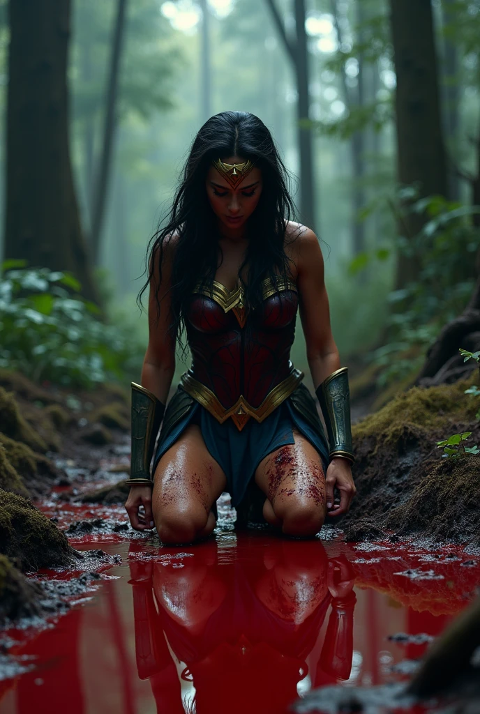 Adriana Lima beneath the mantle of the Amazonian warrior Wonder Woman, kneeling, exhausted after a battle, a pool of blood around her, her reflection in the blood pool, washed in blood, with mortal wounds. Strong, bloody and terrifying images.