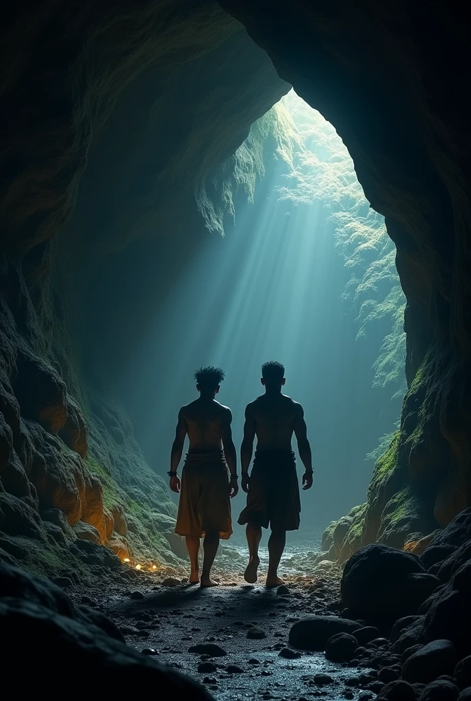 Both Arjun and Vikram were scared but moved forward, driven by the lure of the treasure.**  
   *Arjun and Vikram, with nervous but determined expressions, holding torches as they venture deeper into the cave, the dim light revealing rocky walls and unknown paths ahead.*