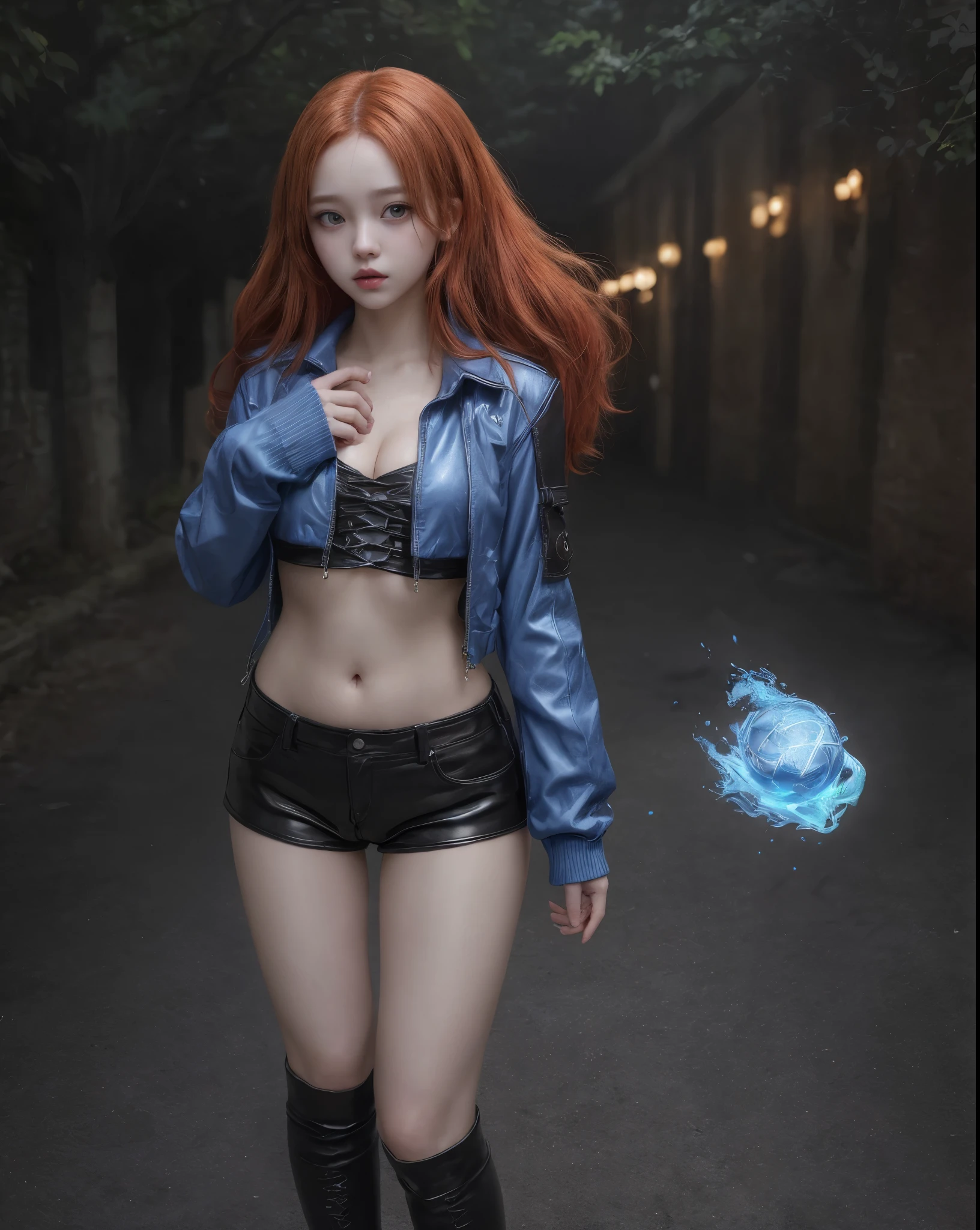 young girl, kim chaewon as a sexy young girl, full body view, fullbody, full body, kim chaewon is a girl, 1girl, fantasy gothic city background, kim chaewon, girl, small breast, figure, long red hair, red eyes, face front, tight fantasy outfit, belly exposed, legs exposed, leather shorts, emotional face, make up, masterpiece, best quality, female sorcerer, blue fire power, blue fire around her, create blue fire from hands