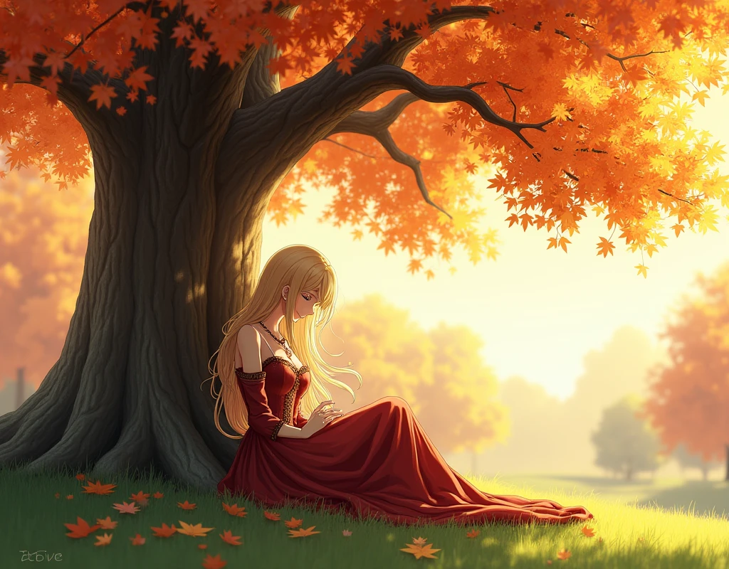 anime girl sitting on the grass and leaning against an oak tree
in the fall season dressed like a noble with her head down and blonde I want a background for the computer