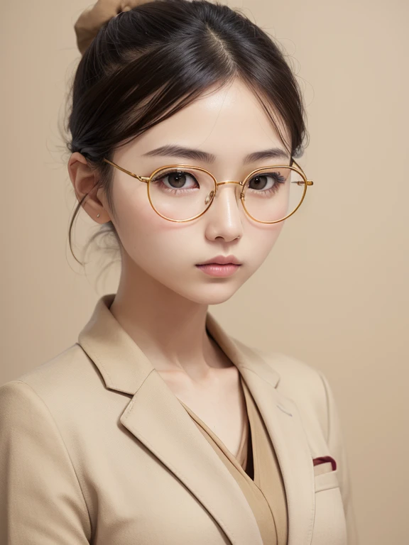(((ID photo)))、(Realistic), RAW Photos, Japanese women、alone、((((Beautiful face like an actress)))),((((Beige formal suit:1.4)))),(((Delicate round gold-rimmed glasses)))、Realistic proportions, Complex,detailed, Sharp focus,high quality,((Ultra-high resolution)), masterpiece, completion, detailed.impressive, Attention to detail, ((Simple blue background)),(Hair tied up)、No bangs、Long Hair、Realistic skin texture