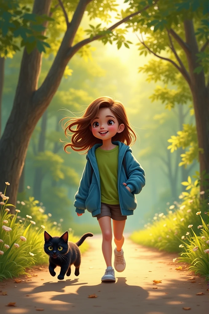 Girl with medium-long hair wearing a green t-shirt and blue sweatshirt walking along a dirt road with a black kitten against a background of trees