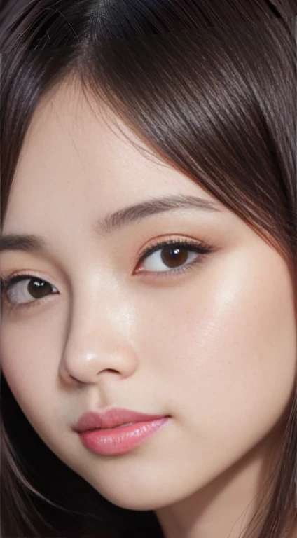 High-quality, ultra-realistic portraits。(She has a neat face.、It combines elegance and class.)。((Large eyes with deep gradation、Gives an elegant impression))。(The nose is clear、Her lips are a subtle light beige color.。The skin is transparent、Has a healthy glow)。Makeup is natural、Smoky brown gradation on the eyes、The blush gives the cheeks a soft, healthy glow.。The lighting is soft and natural.、Accentuating facial features、Does not emphasize shadows。The background is simple and has a blurred gradient.、Focus on the face。