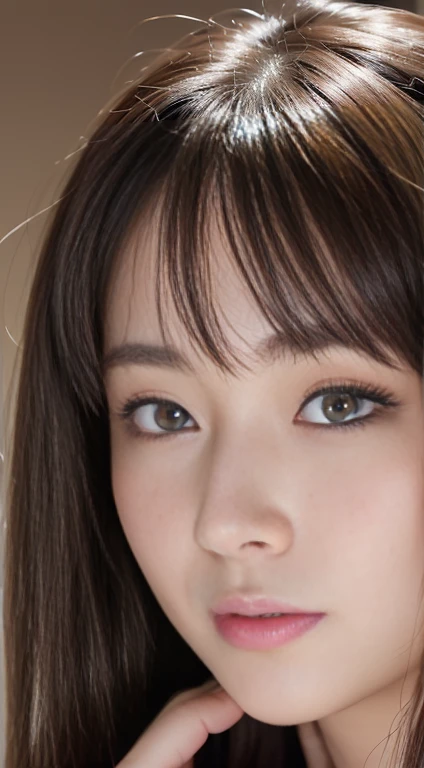 High-quality, ultra-realistic portraits。(She has a neat face.、It combines elegance and class.)。((Large eyes with deep gradation、Gives an elegant impression))。(The nose is clear、Her lips are a subtle light beige color.。The skin is transparent、Has a healthy glow)。Makeup is natural、Smoky brown gradation on the eyes、The blush gives the cheeks a soft, healthy glow.。The lighting is soft and natural.、Accentuating facial features、Does not emphasize shadows。The background is simple and has a blurred gradient.、Focus on the face。