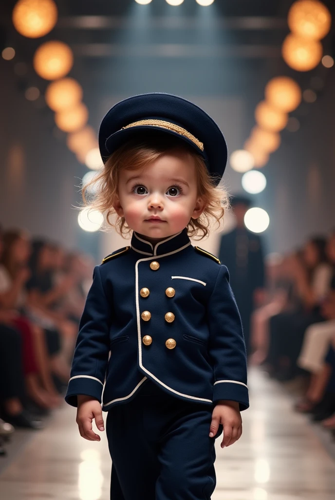 A cute  with a very large head in a realistic fashion show style navy uniform and hat, full-length.