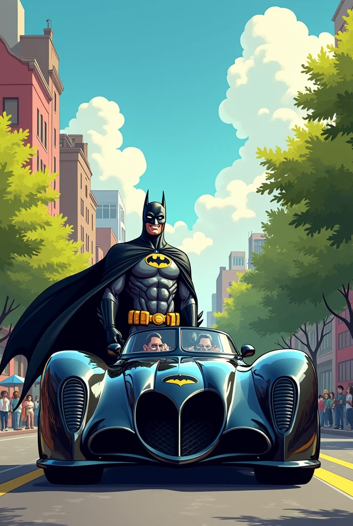 Batman's car on a sunny day and Batman very happy, happier than ever, so happy it breaks the sky