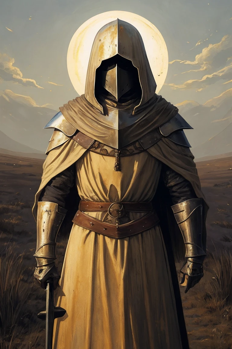 a painting of a young medieval woman, gaunt, collarbone wrapped in yellowing bandages, wearing dirty knight armor, bandages covered in dried blood and puss, disgusting, defiant fleeting eyes, in pain, old bandages tight, mended armor plates over chest, mended knight, short ratty hair covering face, dirty face and clothes, sneering, plated helm on head, eyes showing through the helm, charcoal-colored sky in background, cloudless sky, starless night sky, empty midnight sky, black sky, pitch-black sky, standing in a gray field of gray grass, holding a bloody and gold stained sword