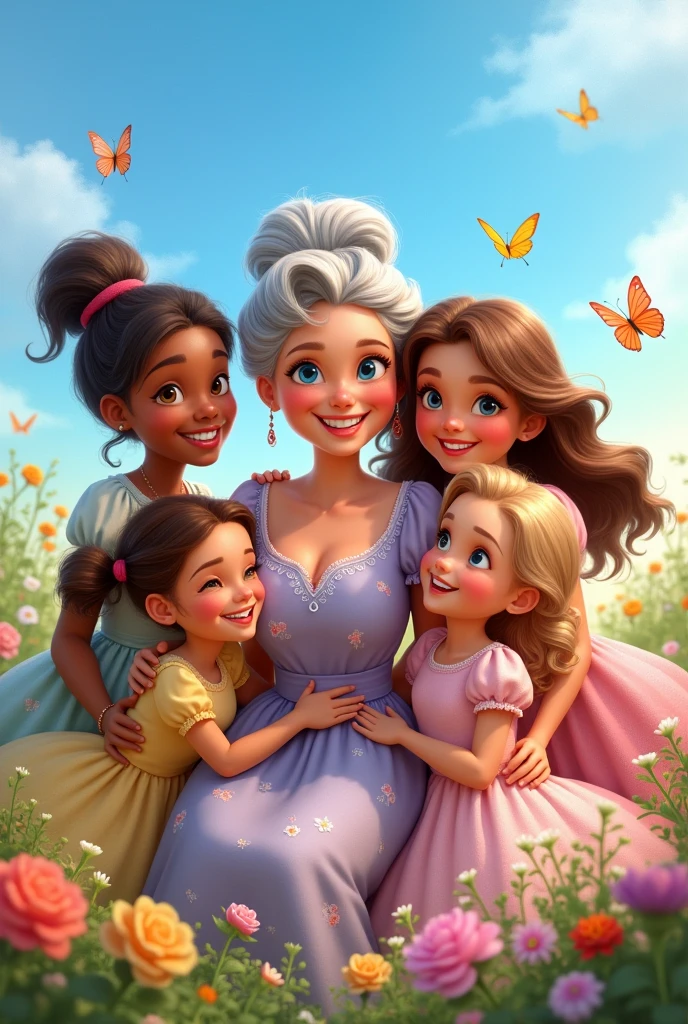 A grandma, four women and a girl, fair skin
Disney-style cute drawing