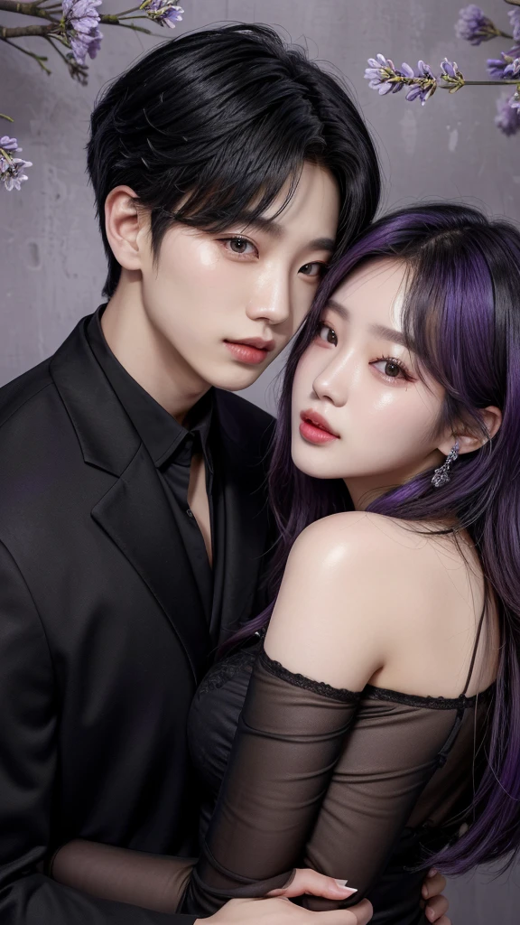 a close up of two people,male and female 👅 👅, wearing black outfits, jimin\'s plump lips, ulzzang, they are enemy lovers, kanliu666, couple pose, jia, sun yunjoo, jinyoung shin, profile pic, taejune kim, nixeu and sakimichan, & jeehyung lee & wlop, jaeyeon nam they are rivals, make them look bold, background lavender purple 