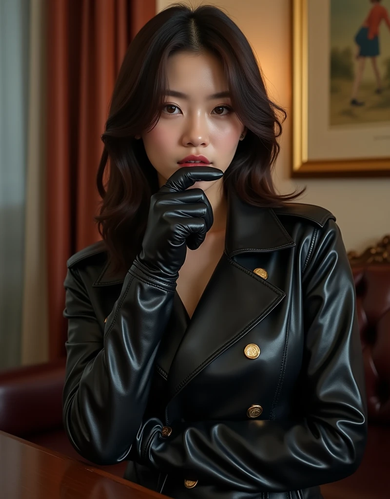 1990's Amateur, 1 Woman, Work Alone, Superb, Masterpiece, Korean Female Actress, Beautiful, 50, Ultra Realistic Black Realistic Leather double Trench Long coat and 8K Ultra Realistic Black Realistic Leather Elbow Gloves, 5-Finger Handjob with Love Juice and nsfw, Leg Spreading, Masturbation, Bullet Vibrator: 3. 5. covered in cum, Nipples Cum: 1.3, cum string, woman ejaculating: 5.0, office black realistic leather double trench long coat wearing erotic nsfw, ultra realistic black realistic leather double trench long coat: 5.0, cum dripping: 5.0, ultra realistic 5 fingers black realistic leather glove blowjob, ultra realistic 5 fingers black realistic leather glove oral, ultra realistic 5 fingers Black Real Leather Glove Licking_Female Penis:3.5,Vascular Female Penis:3.5, Photo:5.0.