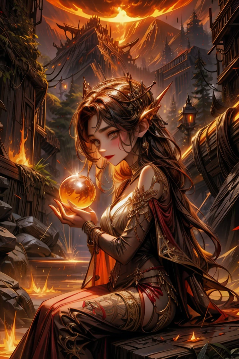 red goblin warlock, lava molten desolated rocky background