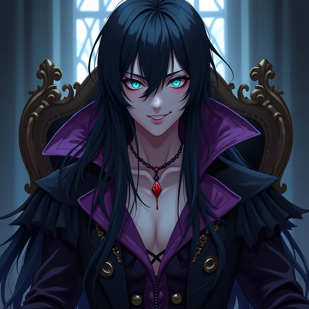 A sexy young male, black, long hair, teal blue eyes. Gothic clothes. (Male) (no facial or body hair)) masterpiece, best quality, ultra-detailed, best shadow), (detailed background) (purple and black) pretty handsome. Sexy Cute. No facial hair. No body hair. Wink. Seductive. Sexy. Pale and white skin. Smirking. Anime style. Blood. Vampire. Sexy. Death note style. Pink lips. SENSUAL. Purple and black gothic frilly clothes. Long lashes. Sexy pose. Crossing legs. Love. Shiny. Male. Vampire Prince. Gothic style. Crossing legs and sitting on his throne.
