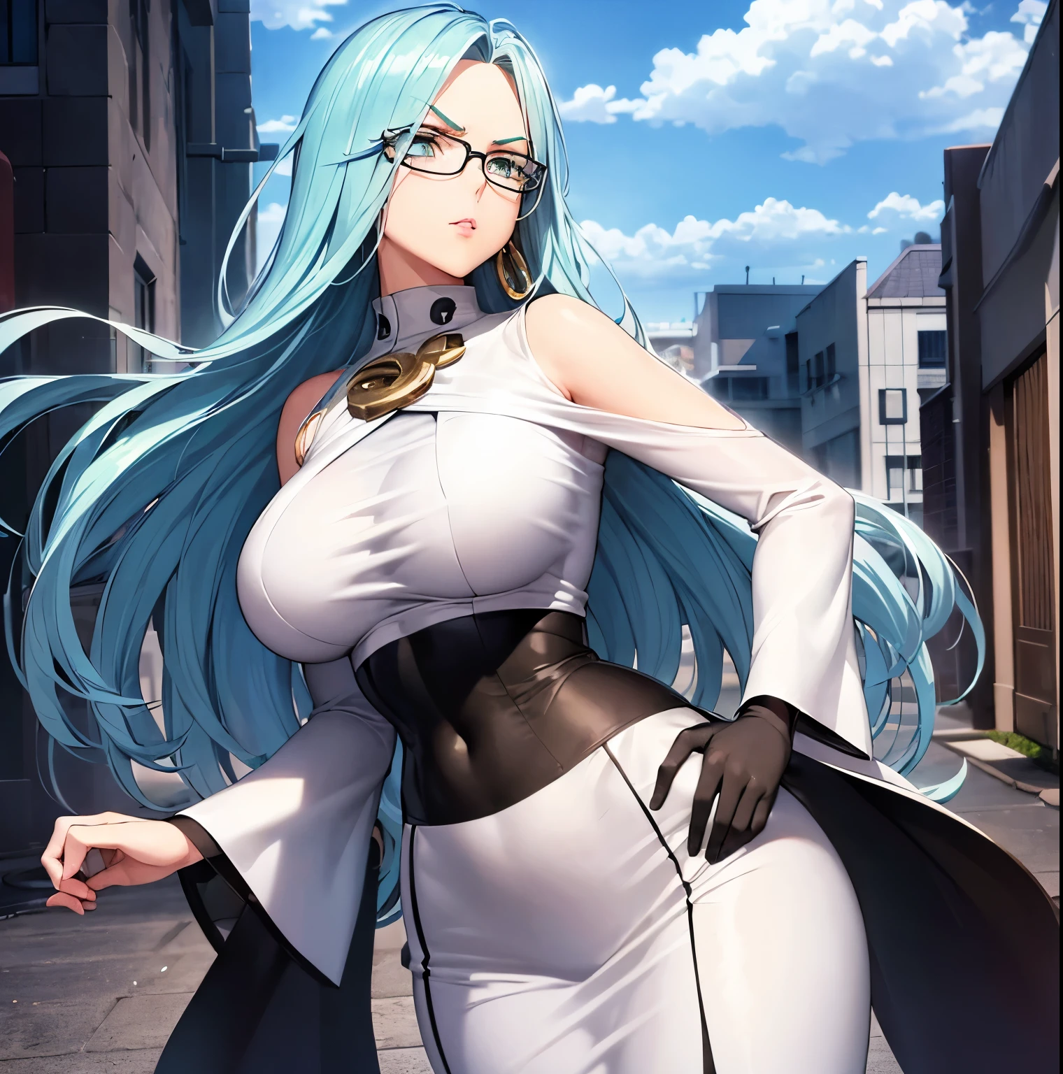 ((1girl)),((alone)),psykos (one punch man),(masterpiece), (best quality), (ultra detailed), (best illustration), (best shadow), (absurdities), sharp focus , cowboy shot, atmospheric perspective, depth of field, dynamic posture looking at the viewer, big breasts, narrow waist, wide hips, wide thighs, round butt, erotic, romantic, (very detailed eyes, lips 1.1), very detailed eyes, eyes, Very detailed face, Very beautiful face, Symmetrical face, Aesthetic face, perfect face, perfect eyes, detailed eyelashes: 1.5), full height, beautiful slim figure, femininity, expressive appearance, elastic big breasts, sexuality, mature woman, hair cyan, wavy hair, very long hair, glasses, earrings, white dress, brooch, underbust, long dress, bridal gloves, black gloves, glare, full body, hand on hip, curves, defined body, perfect body and beautiful, perfect and beautiful, closed mouth, neutral expression, serious face, blushing, (sexy pose: 1.2), ((solo)), standing: 1.3, ((Japanese-style house, exterior, urban landscape, streets, city, light reflection, clouds, sunny)), looking forward, ((focus on hips)), point of view: (from middle), perfect anatomy, perfect hands