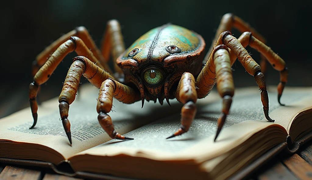 A book with a drawing of a Lovecraftian monster, half spider, half crab, has one eye that is a human eye