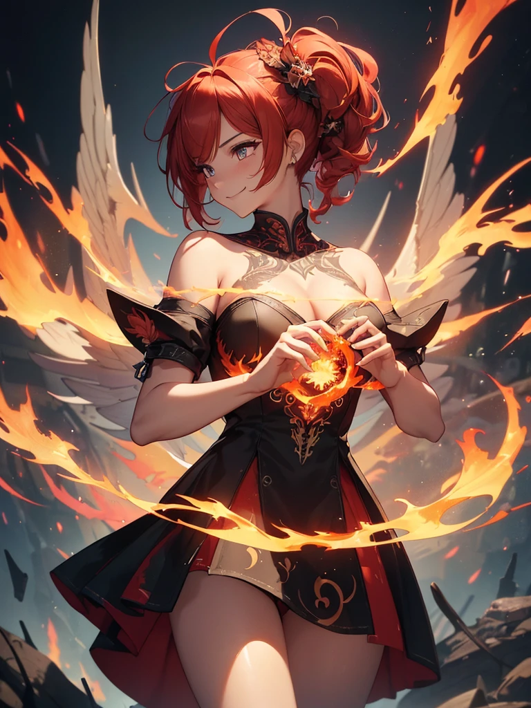 (((best quality, sharp image, clear image, cinematic lighting, 8k resolution, masterpiece, ultra detailed, intricate))) Girl, (((looking over left shoulder))), (shot from behind), ((shot from hip up)), fiery red hair, pigtails, ((intricate black dress)), ((flaming sigils, flaming runes)), spiky rock formations, (flaming lotus flowers frame), (intricate background), (chaotic background), (busy background), ((Phoenix)), (swirling flames), smiling,tatoo on back