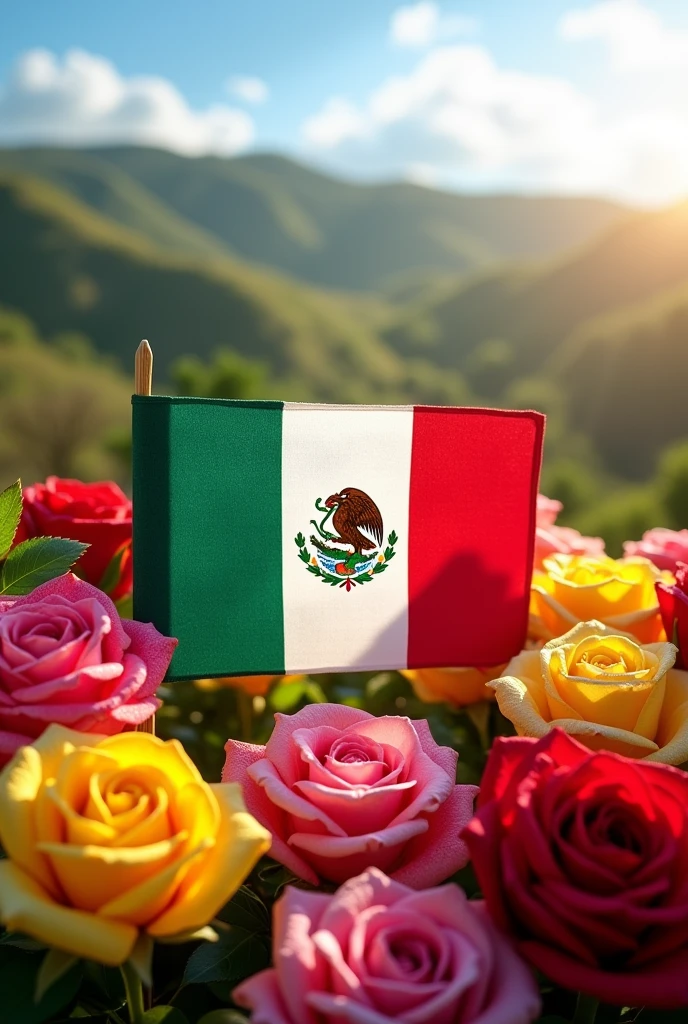 Mexican flag with colorful roses 