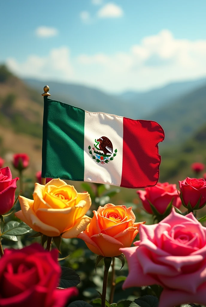 Mexican flag with colorful roses
