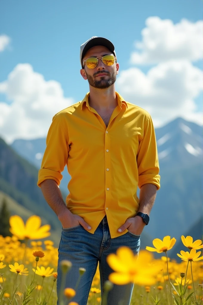 Handsome man crew cut hair, wearing yellow sunglasses and cap, yellow shirt and jeans, standing on a hill, yellow cosmos, mountains on the background, blue sky in the morning