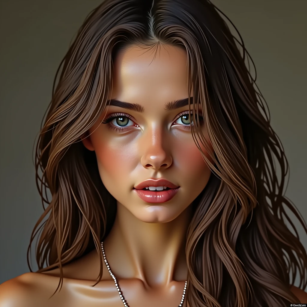 A realistic portrait of a young woman with brown long hair