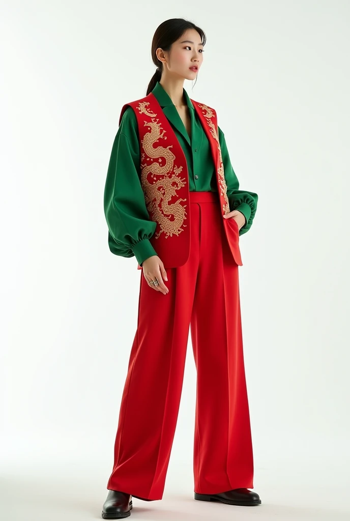 korean model girl wearing red suit with lot of chineese dragon pattern ,((holding her vest in her hand)) , overr size pants , posing for photo , cinematic , white background , rings , high boots , green shirt , full body
