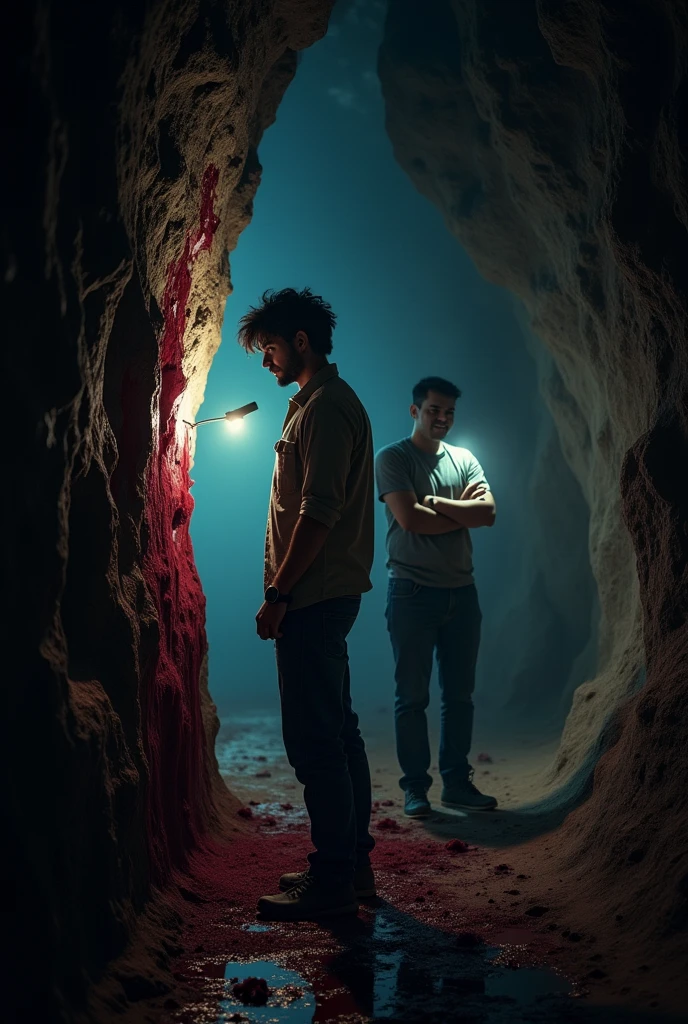 **Suddenly, Vikram noticed bloodstains on the cave wall.**  
   *Vikram staring in shock at a cave wall smeared with dark red blood, his face reflecting both fear and confusion, while Arjun looks on, slightly dismissive.*