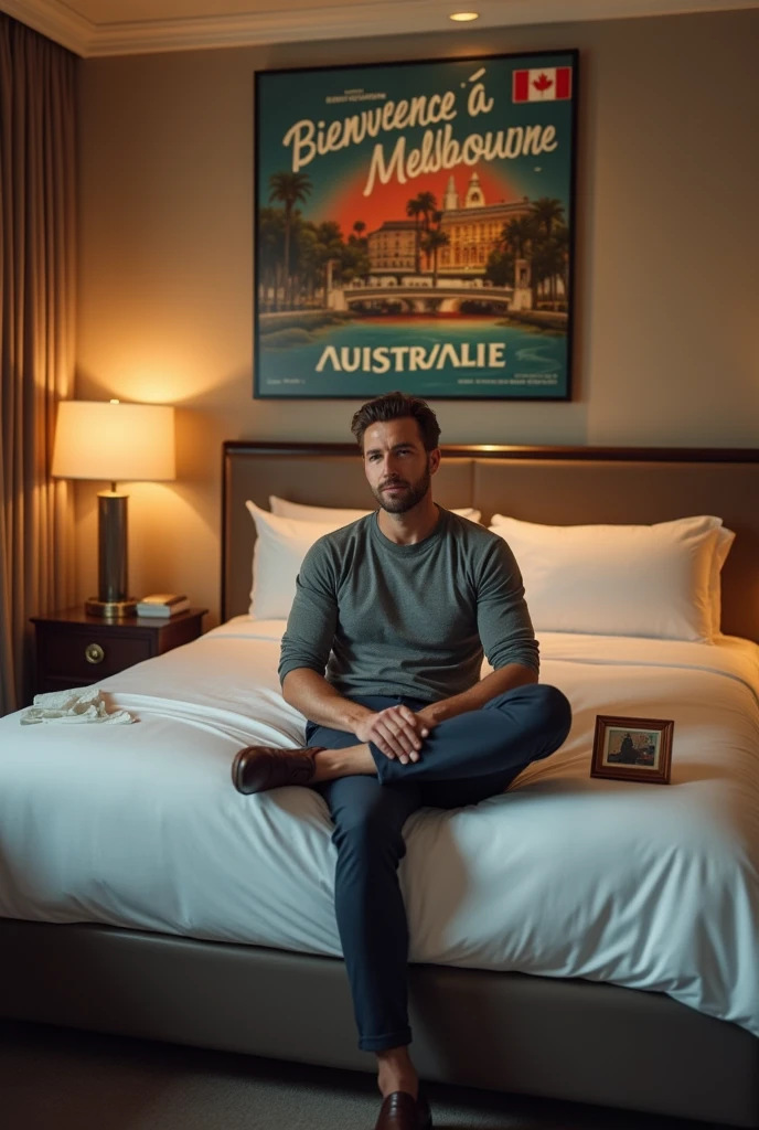 Homme caucasien grand de taille, charmant, un peu costaud, habillé en pantalon et tee-shirt manche longue, un homme dans une grande chambre d'hôtel, bien assis sur le lit ou sur le bord du lit dans une grande chambre d'hôtel et à côté du lit ou devant le lit il faut qu'il y ait UNE TABLE et sur la table à côté du lit ou devant le lit il faut qu'il y ait un papier mouchoir déjà utilisé sur la table et sur le lit de l'hôtel qu'il soit déposer un grand cadre de photo ou un cadre de photo moyen sur le lit, un cadre de photo qu'il est possible de FAIRE ARRÊTER SUR LE LIT et regardant dans la direction avant et sur le mur du chevet du lit un tableau sur lequel il est écrit en français : Bienvenue à Melbourne AUSTRALIE et autour de la phrase qu'il y ait les emblèmes du Canada Québec ou le drapeau du Canada Québec