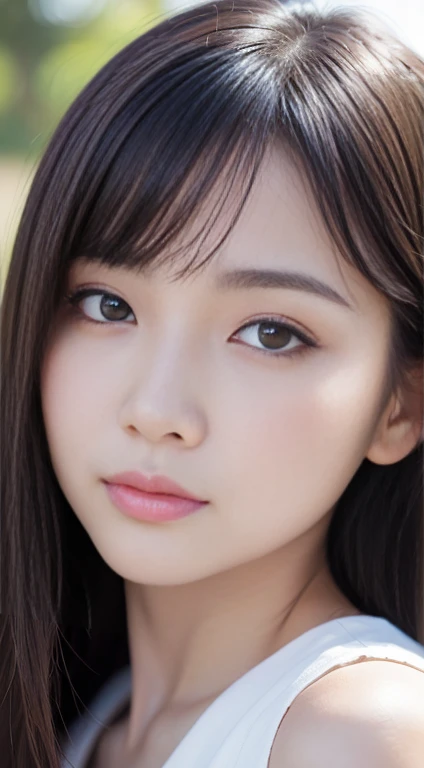 High-quality, ultra-realistic portraits。(She has a neat face.、It combines elegance and class.)。((Large eyes with deep gradation、Gives an elegant impression))。(The nose is clear、Her lips are a subtle light beige color.。The skin is transparent、Has a healthy glow)。Makeup is natural、Smoky brown gradation on the eyes、The blush gives the cheeks a soft, healthy glow.。The lighting is soft and natural.、Accentuating facial features、Does not emphasize shadows。The background is simple and has a blurred gradient.、Focus on the face。