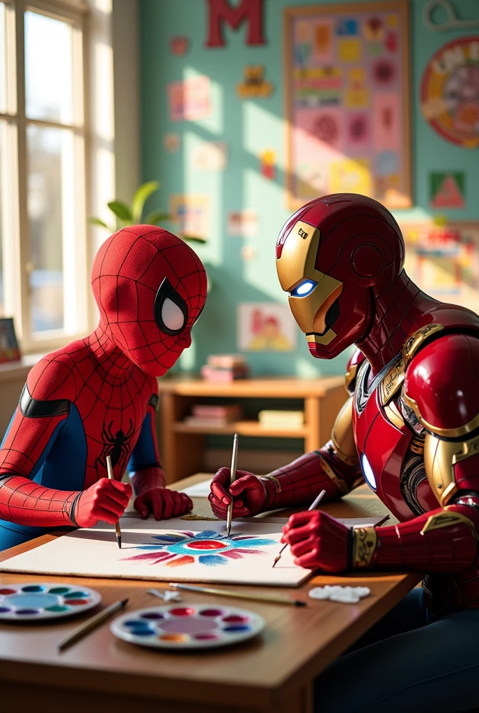 Spider-Man and Iron Man are sitting in the classroom painting a drawing.