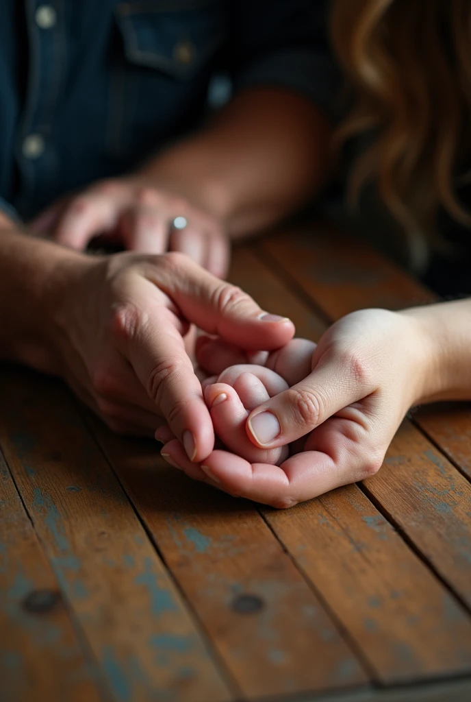 A close-up of a sturdy man's hand, a slender woman's hand, and a small baby's hand placed on a wooden table. The cool light highlights the texture of the hands and the softness of the baby's hands.