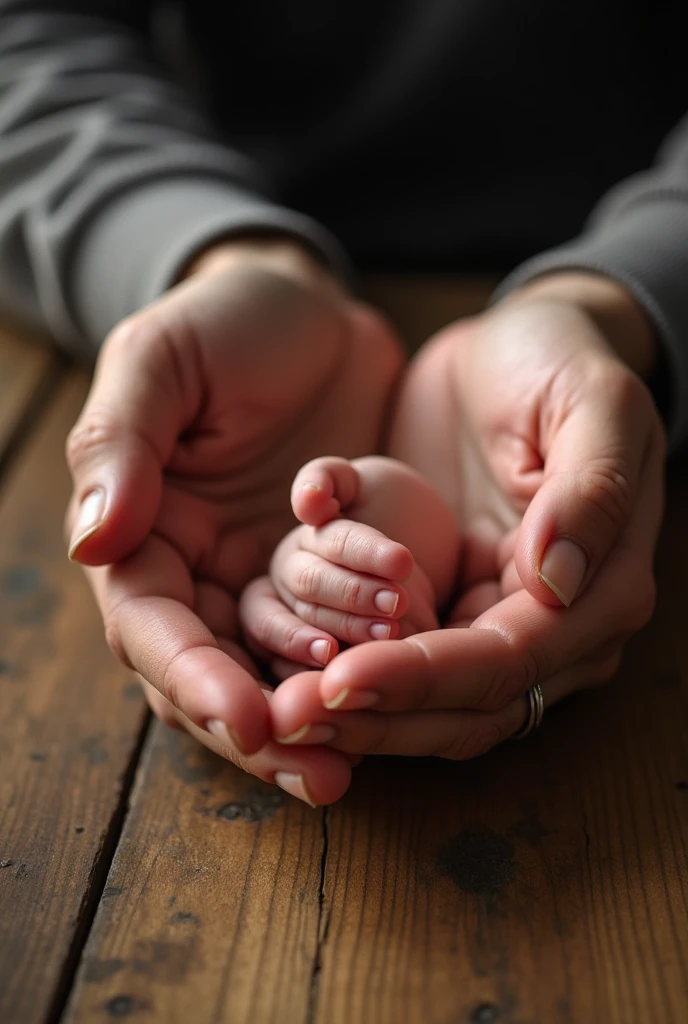 A close-up of a sturdy man's hand, a slender woman's hand, and a small baby's hand placed on a wooden table. The cool light highlights the texture of the hands and the softness of the baby's hands.