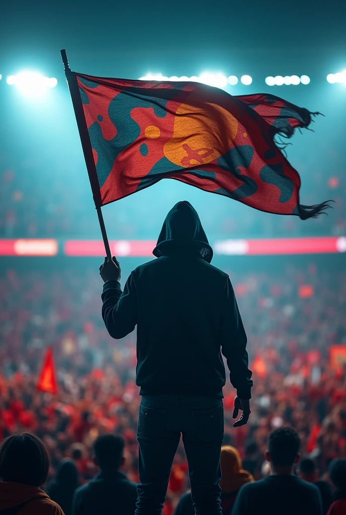 A hooded person with a flag in hand at the stadium
