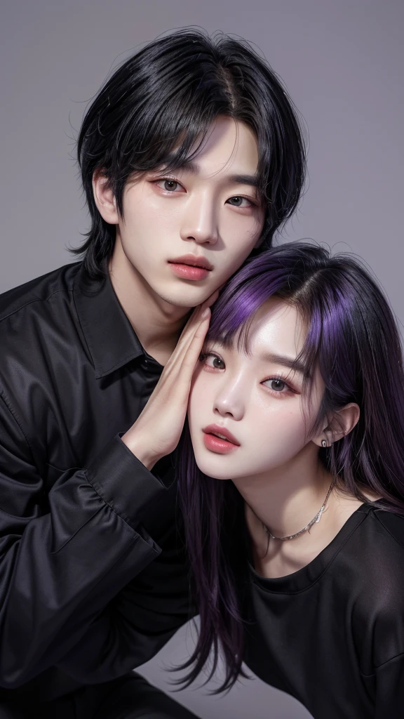 a close up of two people,male and female 👅 👅, wearing black outfits, jimin\'s plump lips, ulzzang, they are enemy lovers, kanliu666, couple pose, jia, sun yunjoo, jinyoung shin, profile pic, taejune kim, nixeu and sakimichan, & jeehyung lee & wlop, jaeyeon nam they are rivals, make them look bold, background lavender purple
