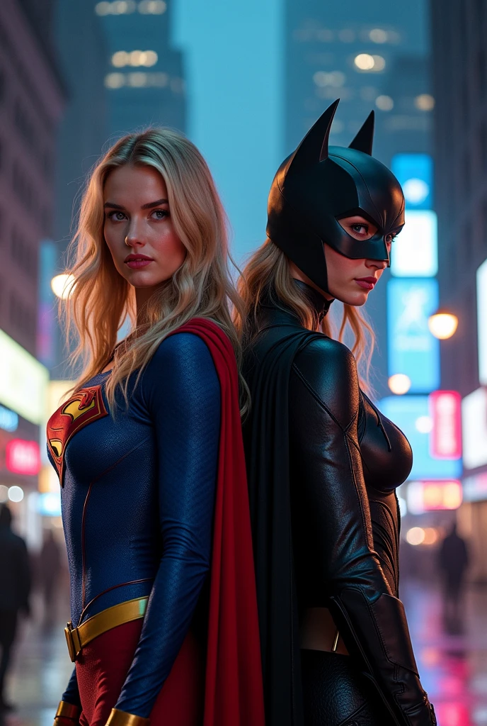 (photorealism:1.2), 2 girls, Supergirl, Batgirl, pale, beautiful woman, kneeling, butt, posing, city street at night, blonde, streetlight, neon