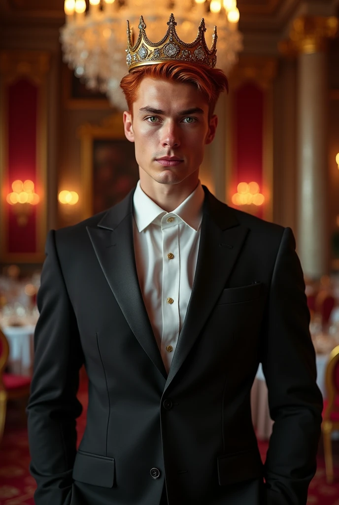 Red-haired male model wearing a black overcoat, red dress shirt and dress pants imitating a statue in a palace of the Roman Empire