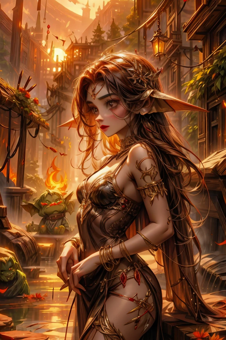 (((red skin, goblin monster girl))), red goblin warlock, lava molten desolated rocky background