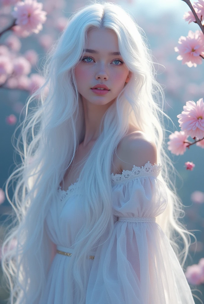 La plus belle fille au monde , cheveux long jusqu'aux genoux, cheveux blanc , yeux bleus, peau pale