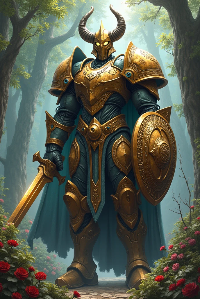 A tall warforged paladin with horns